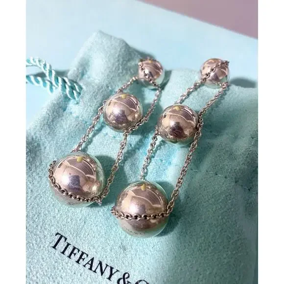 Tiffany & Co Silver Hardware Triple Drop Bead Ball Stud Earrings Butterfly Backs - Picture 2 of 12